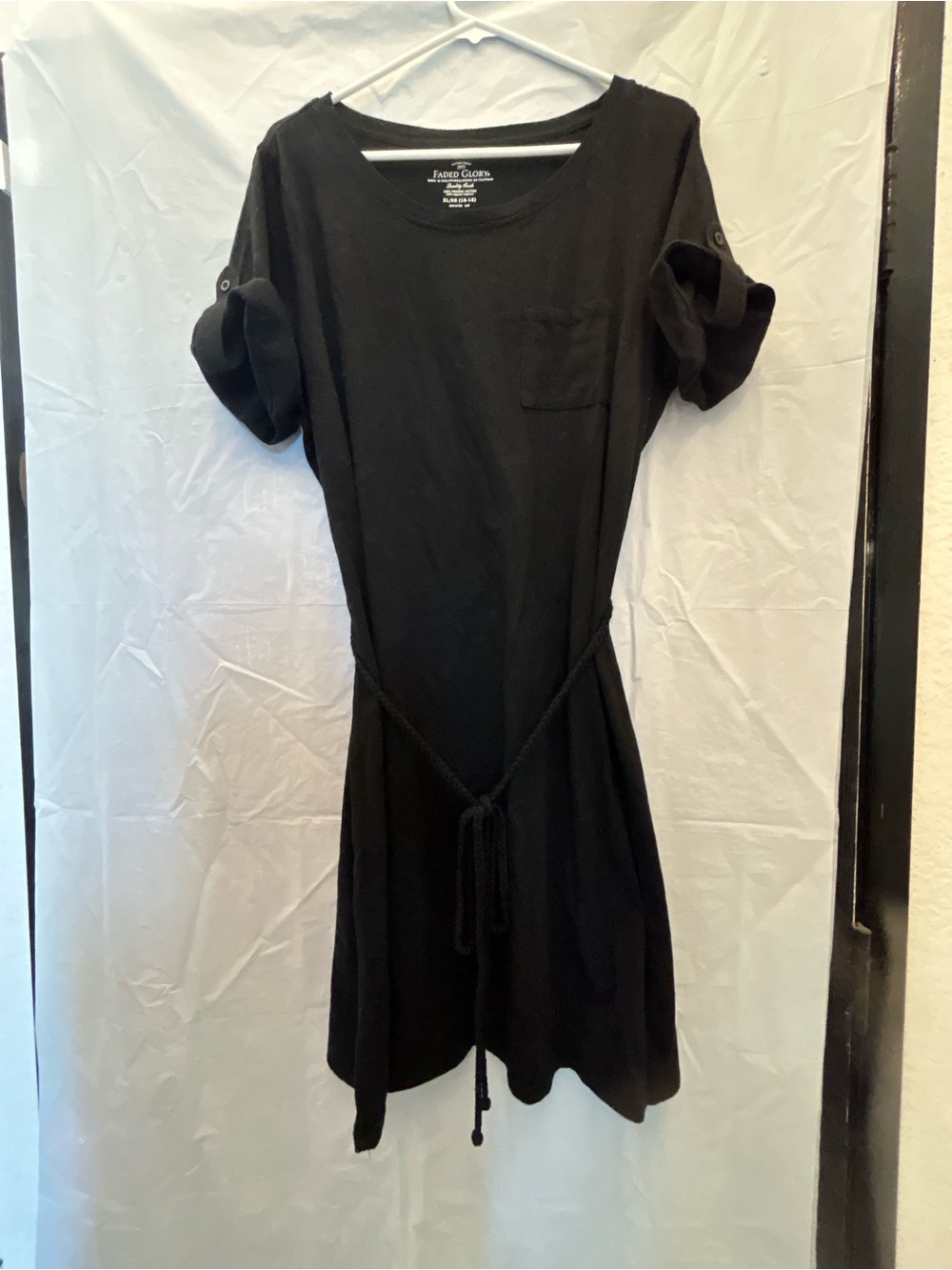 Faded Glory Black Short-Sleeve Tie-Waist Tee Dress Sz XL 100% Cotton NWNT